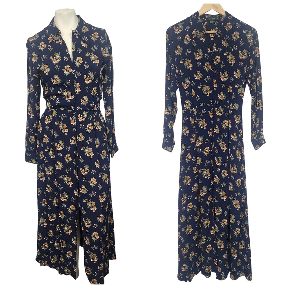 J.Crew Floral Midi Shirt Dress 2 Navy Blue Button Front Long Sleeve Pockets